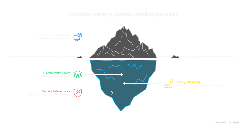 Iceberg-style diagram by Arpit Desai showing production-ready AI systems: visible AI features above the surface, and architecture layers, security, governance and reliability below the surface.